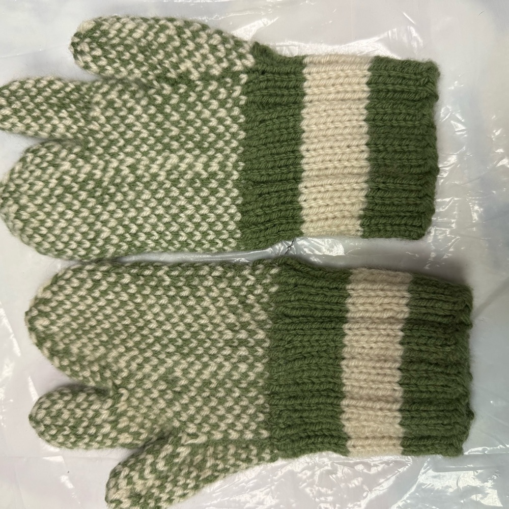 Home Made by my mom. 
Green and White Knit Gloves